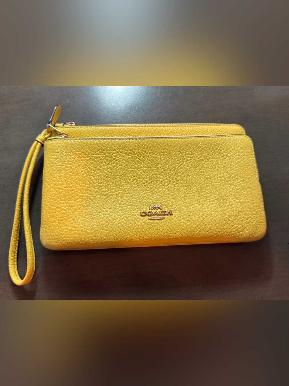 COACH Bright Yellow Pebbled Leather Wristlet Clutch